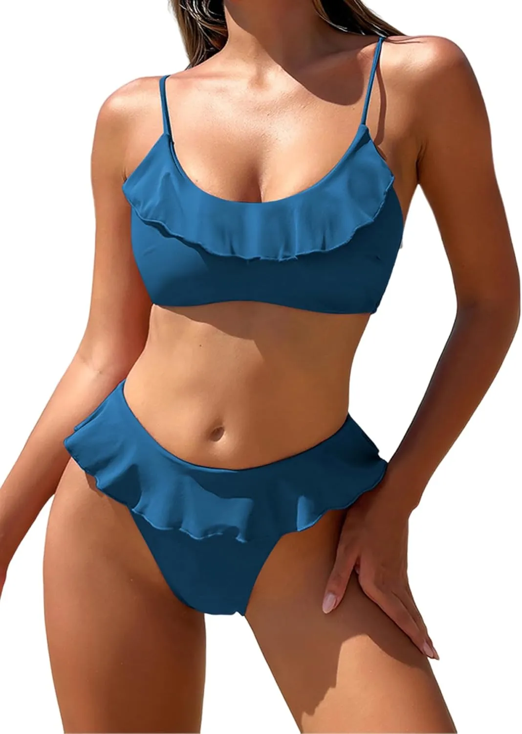 ZAFUL Ruffle Bikinis for Women Scoop Neck Swimsuits Lace Up Bikini Sets Padded Swimwear High Cut 2 Piece Bathing Suits