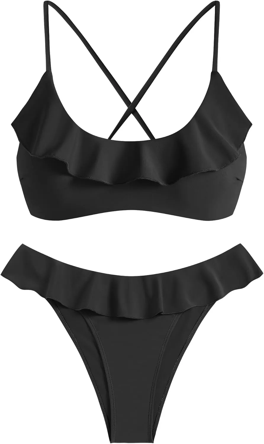 ZAFUL Ruffle Bikinis for Women Scoop Neck Swimsuits Lace Up Bikini Sets Padded Swimwear High Cut 2 Piece Bathing Suits