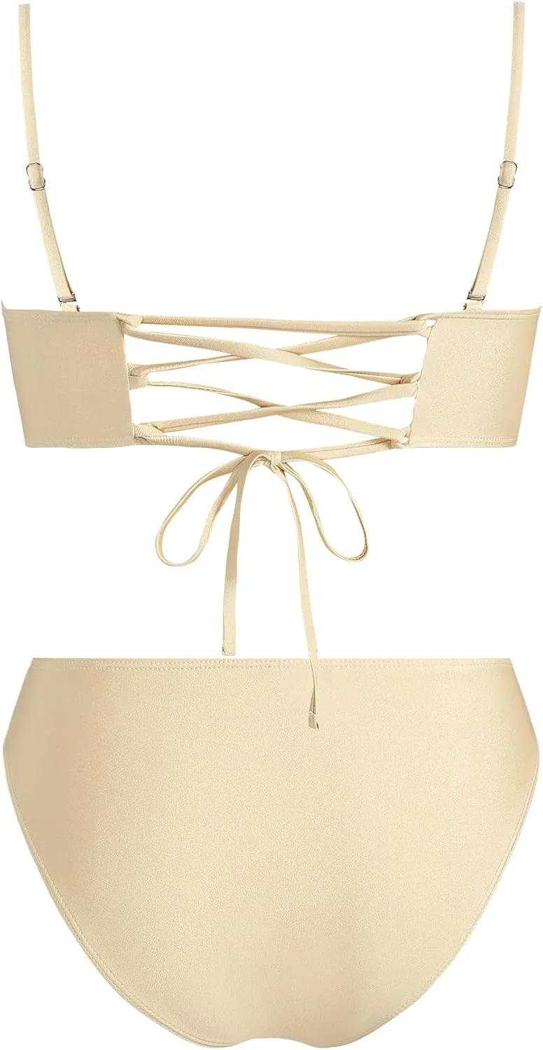 ZAFUL Womens 3 Piece Bikini Sets U-Wire Sexy Bandeau Swimsuits for Women Lace Up Mid Rise Ruched Strapless Bathing Suits