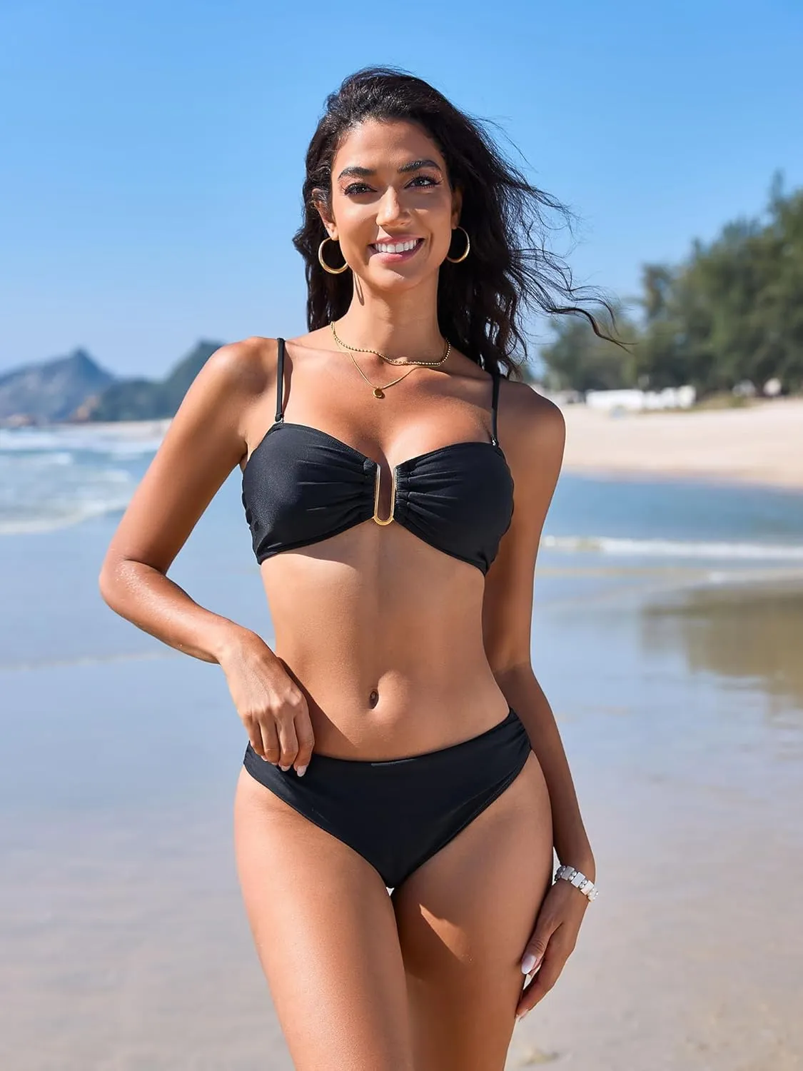 ZAFUL Womens 3 Piece Bikini Sets U-Wire Sexy Bandeau Swimsuits for Women Lace Up Mid Rise Ruched Strapless Bathing Suits