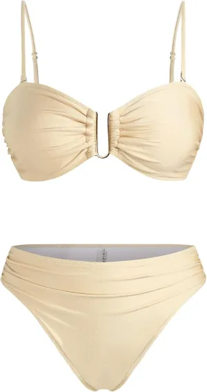 ZAFUL Womens 3 Piece Bikini Sets U-Wire Sexy Bandeau Swimsuits for Women Lace Up Mid Rise Ruched Strapless Bathing Suits
