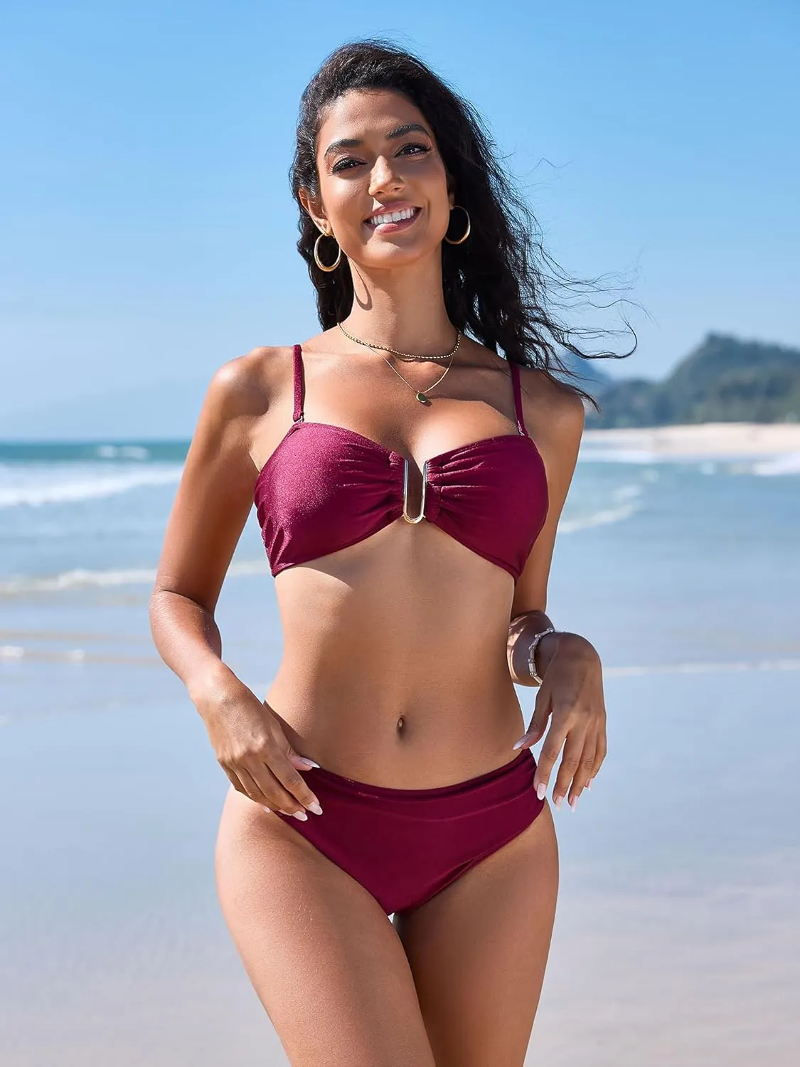 ZAFUL Womens 3 Piece Bikini Sets U-Wire Sexy Bandeau Swimsuits for Women Lace Up Mid Rise Ruched Strapless Bathing Suits