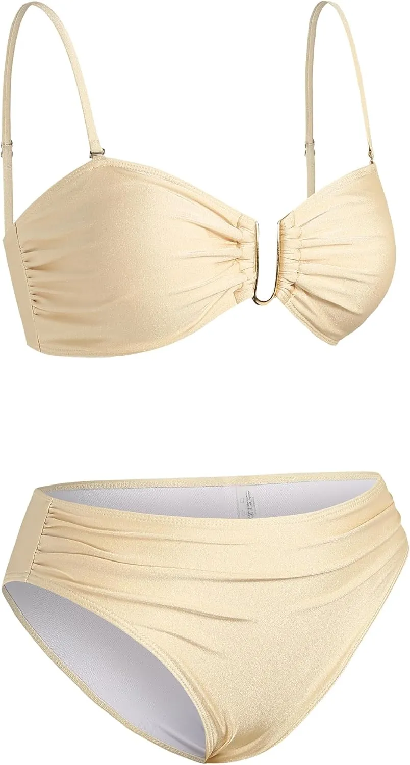 ZAFUL Womens 3 Piece Bikini Sets U-Wire Sexy Bandeau Swimsuits for Women Lace Up Mid Rise Ruched Strapless Bathing Suits