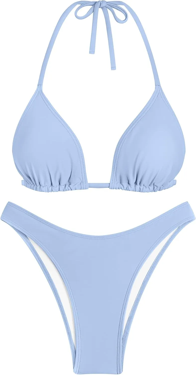 ZAFUL Womens 3 Piece Swimsuits Triangle Halter Thong Bikini Set with Sheer Cover Up Skirt
