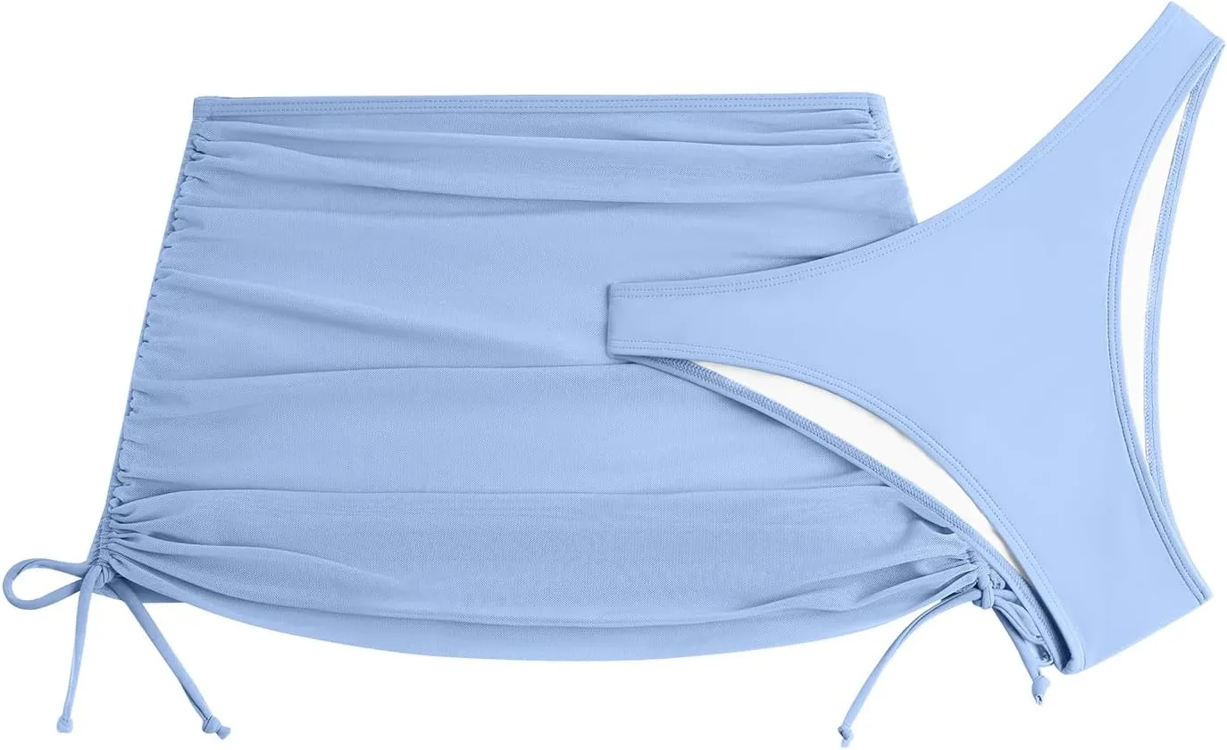 ZAFUL Womens 3 Piece Swimsuits Triangle Halter Thong Bikini Set with Sheer Cover Up Skirt