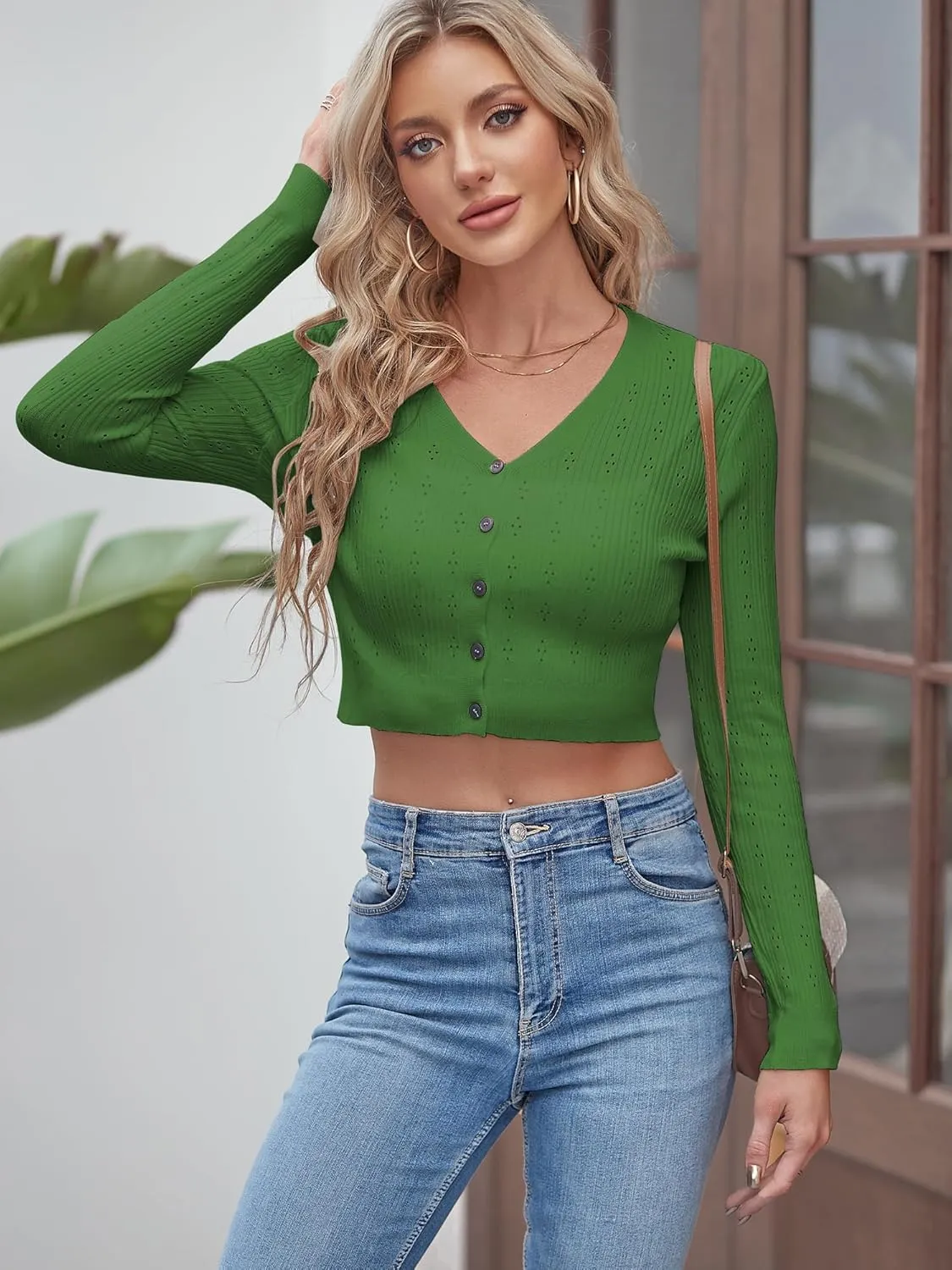 ZAFUL Women's Cropped Bolero Long Sleeve Knit Cardigan V Neck Button Down Shurg for Dress