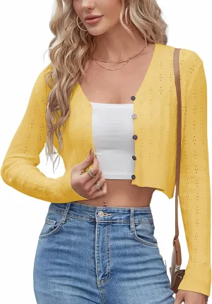 ZAFUL Women's Cropped Bolero Long Sleeve Knit Cardigan V Neck Button Down Shurg for Dress