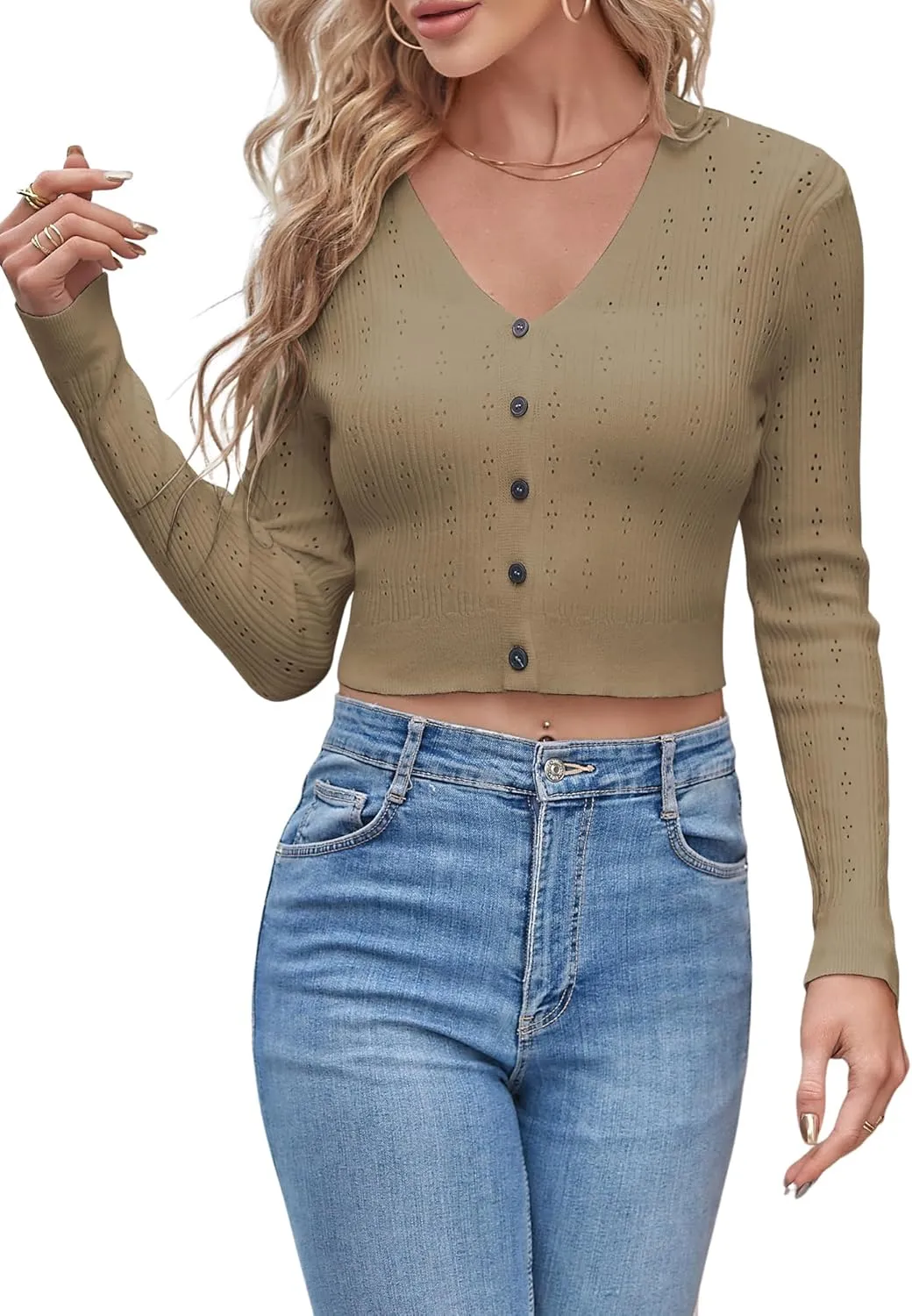 ZAFUL Women's Cropped Bolero Long Sleeve Knit Cardigan V Neck Button Down Shurg for Dress