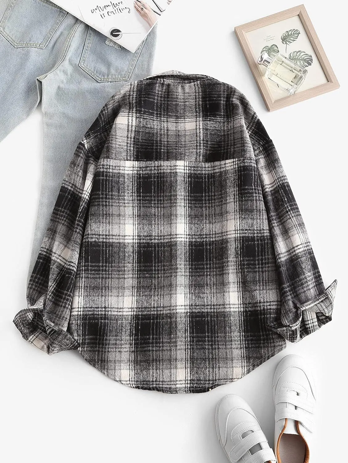ZAFUL Women's Plaid Long Sleeve Shirt Button Down Thin Jacket Casual Flannel Plaid Shacket with Pocket