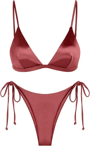 ZAFUL Women's Shiny Silky Bikini Sets Sexy Triangle Two Piece Swimsuit 2024 Tie Side Thong High Cut Cheeky Bathing Suit