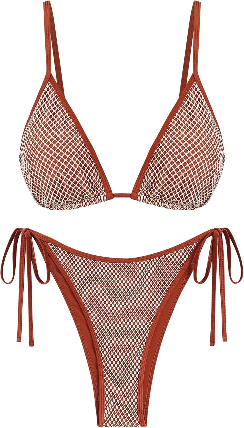 ZAFUL Women's Triangle Bikini Fishnet String Cheeky Bikini Sets High Cut Tie Side 2 Piece Swimsuit Bathing Suit