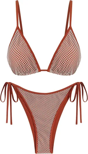 ZAFUL Women's Triangle Bikini Fishnet String Cheeky Bikini Sets High Cut Tie Side 2 Piece Swimsuit Bathing Suit