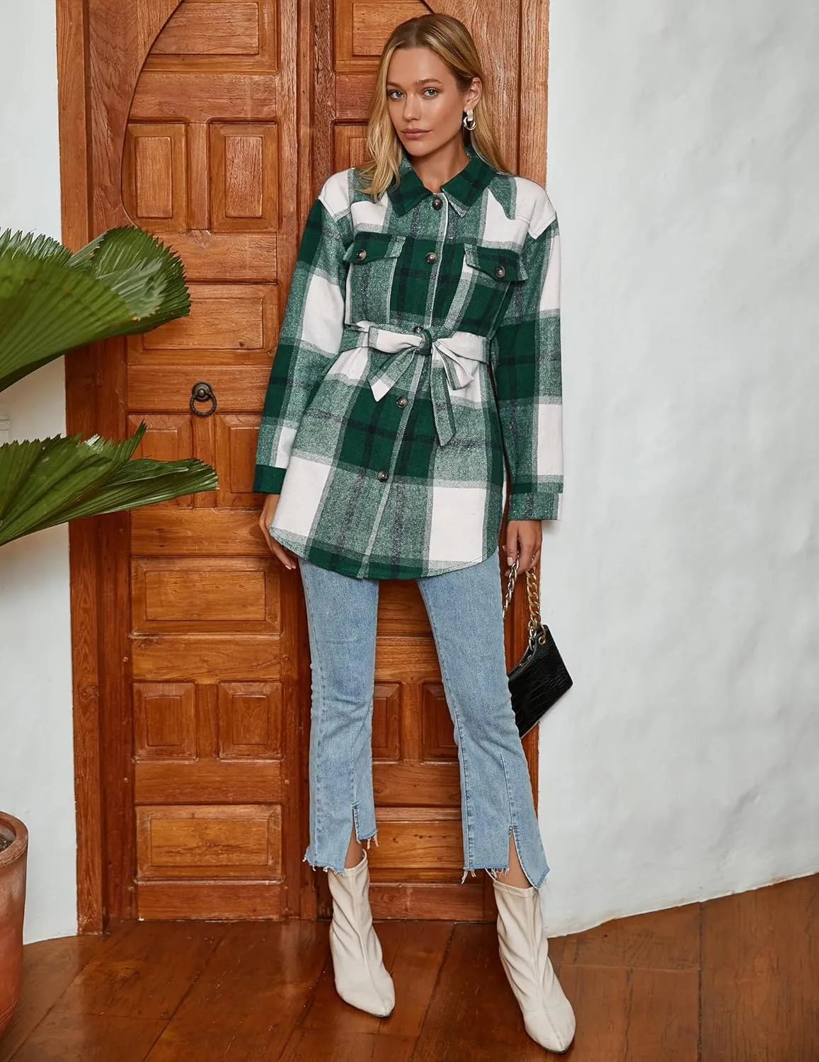 Zeagoo Womens Fashion 2023 Plaid Shacket Jacket Button Down Trench Coats Wool Blend Peacoat Belted Outwear with Pockets