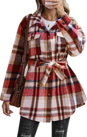 Zeagoo Womens Fashion 2023 Plaid Shacket Jacket Button Down Trench Coats Wool Blend Peacoat Belted Outwear with Pockets