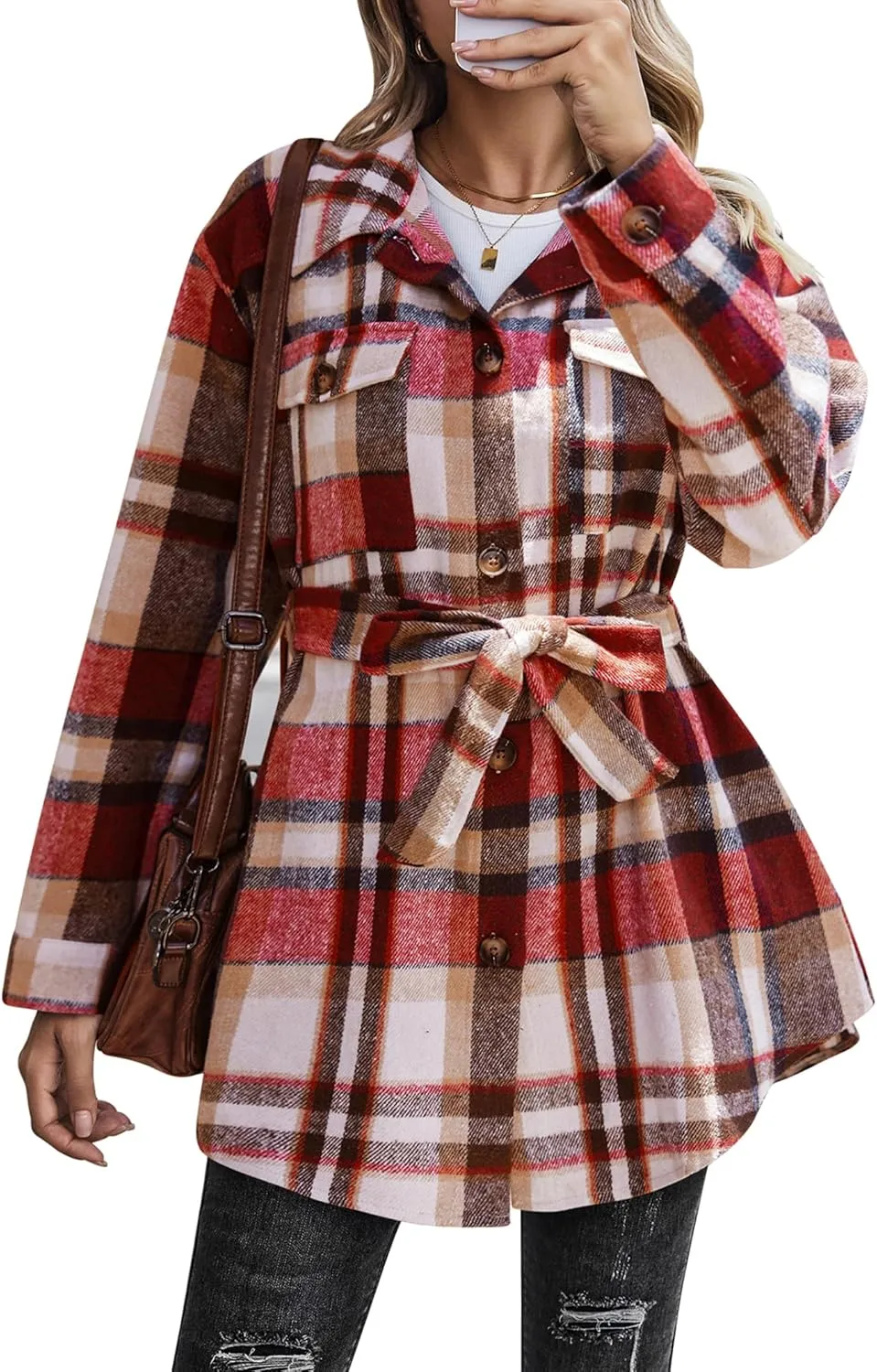 Zeagoo Womens Fashion 2023 Plaid Shacket Jacket Button Down Trench Coats Wool Blend Peacoat Belted Outwear with Pockets