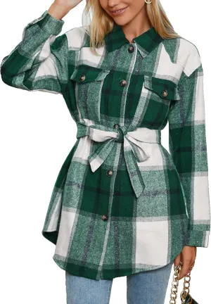 Zeagoo Womens Fashion 2023 Plaid Shacket Jacket Button Down Trench Coats Wool Blend Peacoat Belted Outwear with Pockets