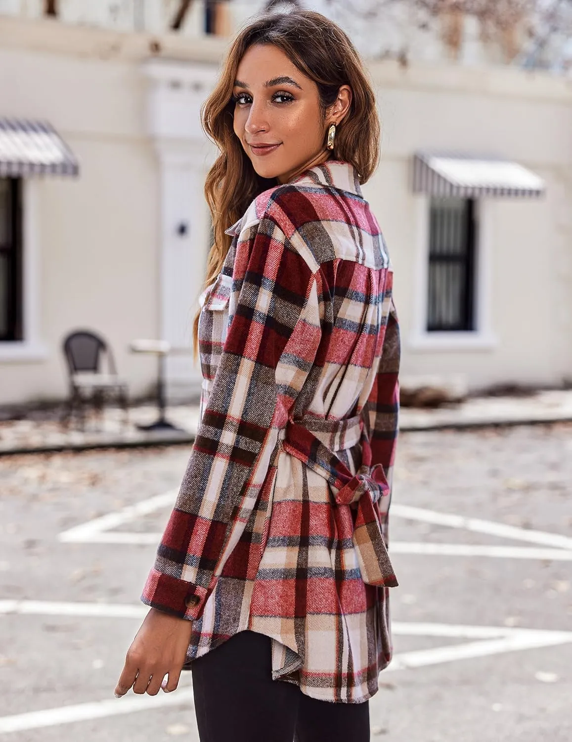 Zeagoo Womens Fashion 2023 Plaid Shacket Jacket Button Down Trench Coats Wool Blend Peacoat Belted Outwear with Pockets