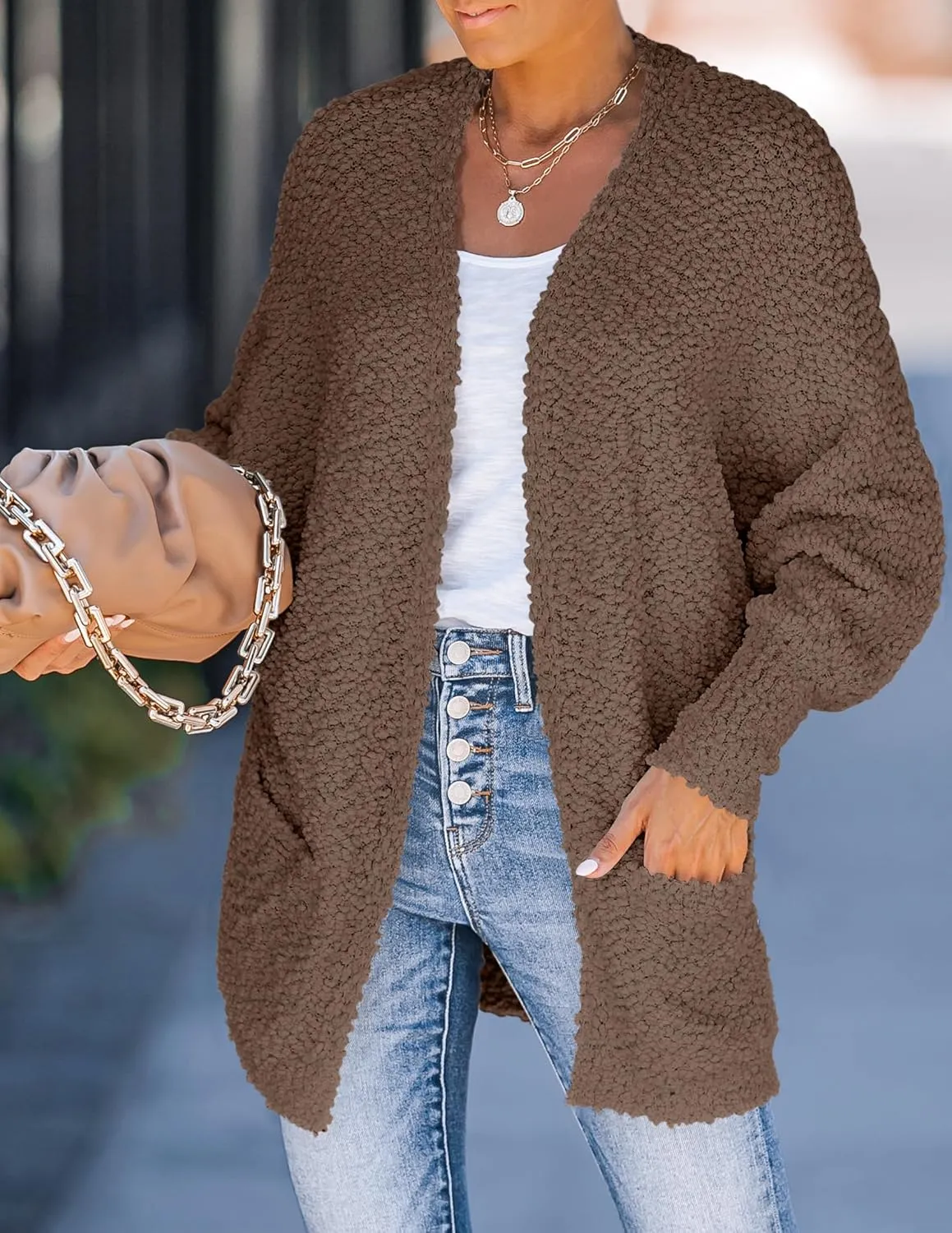 ZESICA Women's Fall Winter Popcorn Long Sleeve Open Front Chunky Knit Oversized Cardigan Sweater Coat