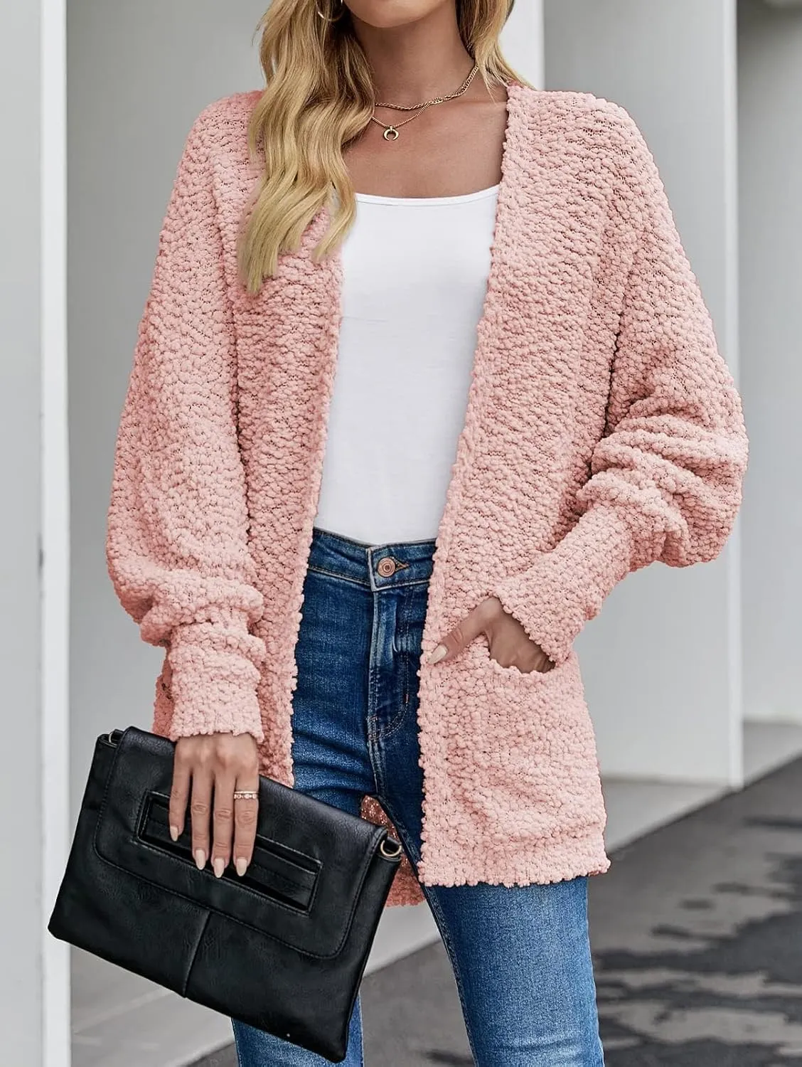 ZESICA Women's Fall Winter Popcorn Long Sleeve Open Front Chunky Knit Oversized Cardigan Sweater Coat