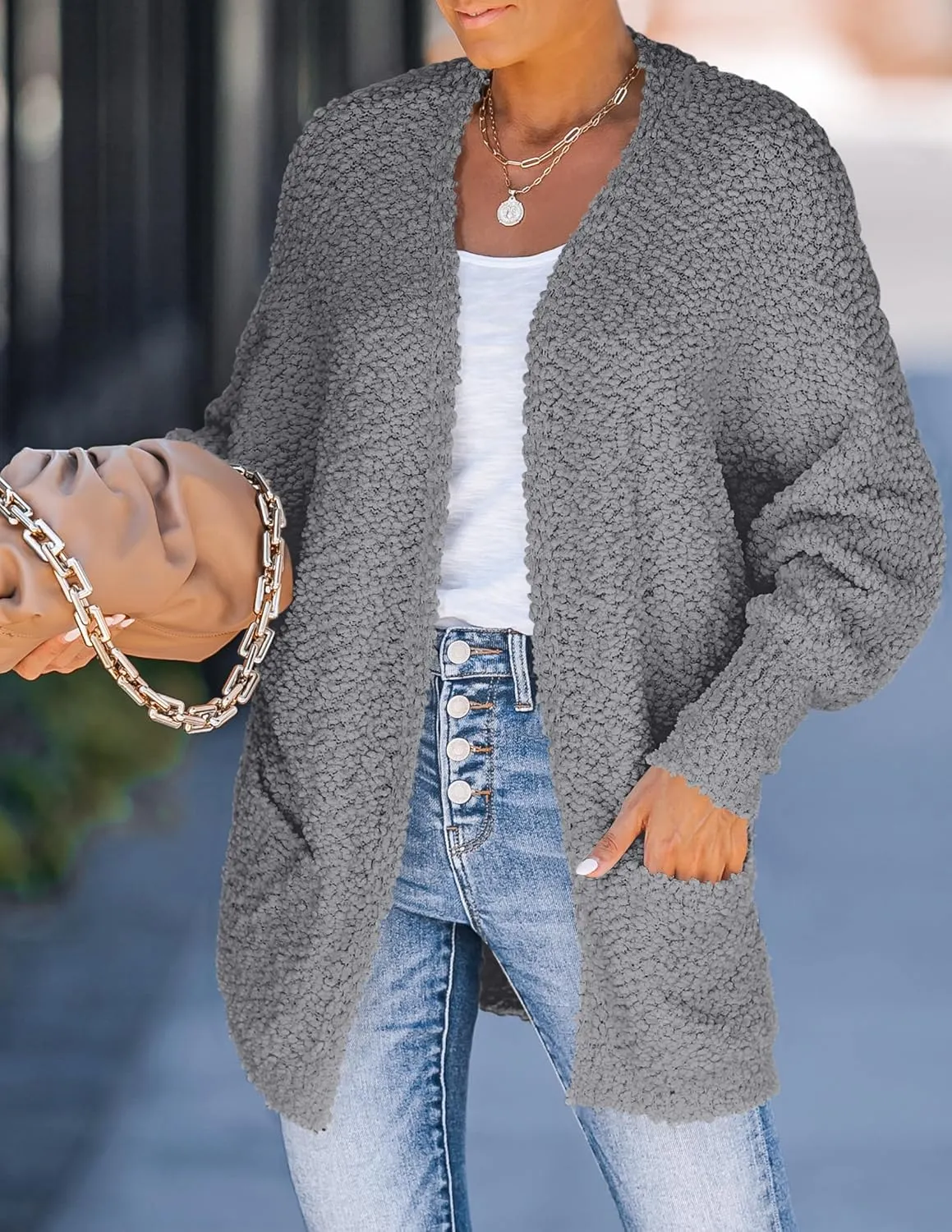 ZESICA Women's Fall Winter Popcorn Long Sleeve Open Front Chunky Knit Oversized Cardigan Sweater Coat