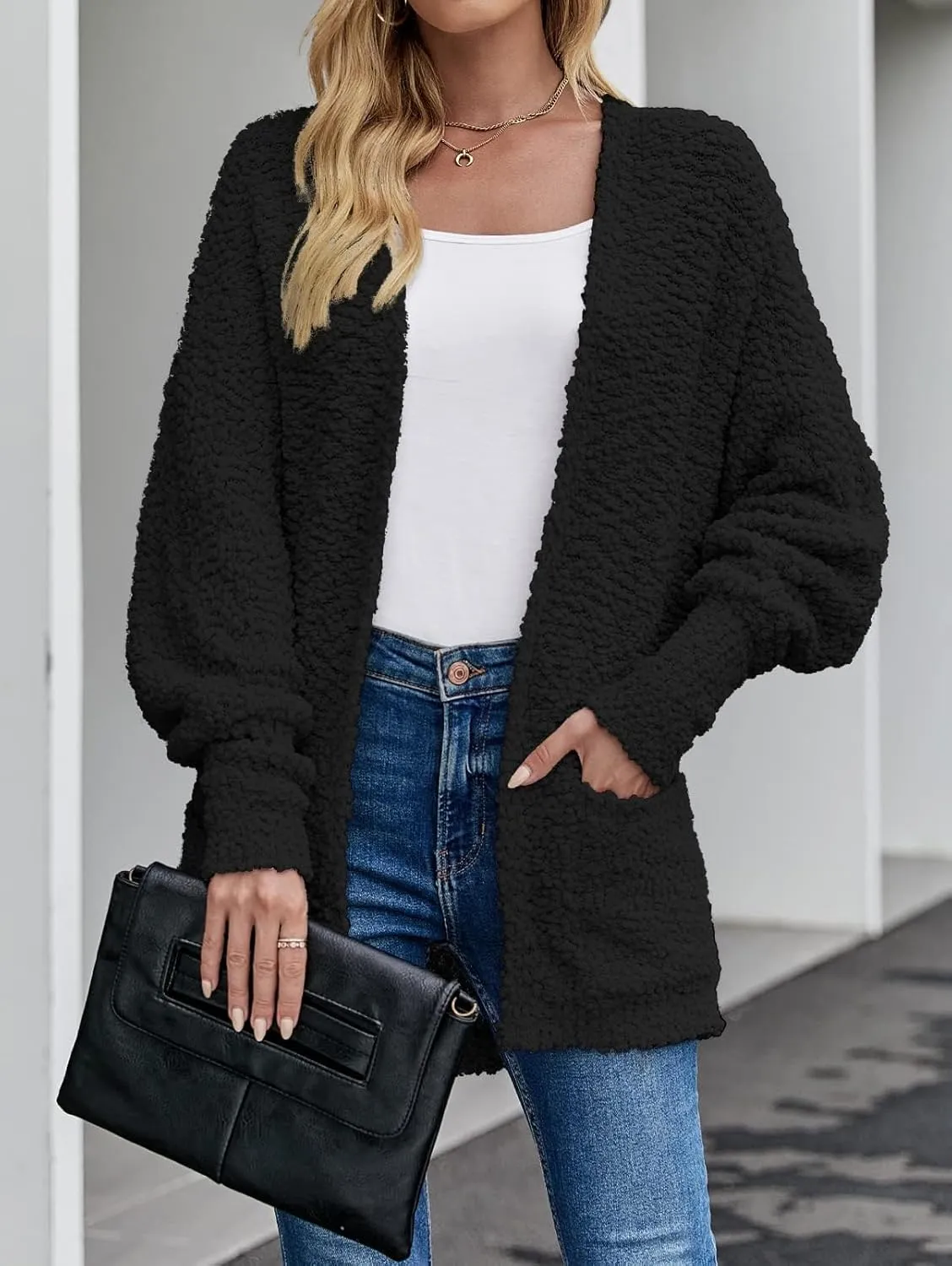 ZESICA Women's Fall Winter Popcorn Long Sleeve Open Front Chunky Knit Oversized Cardigan Sweater Coat