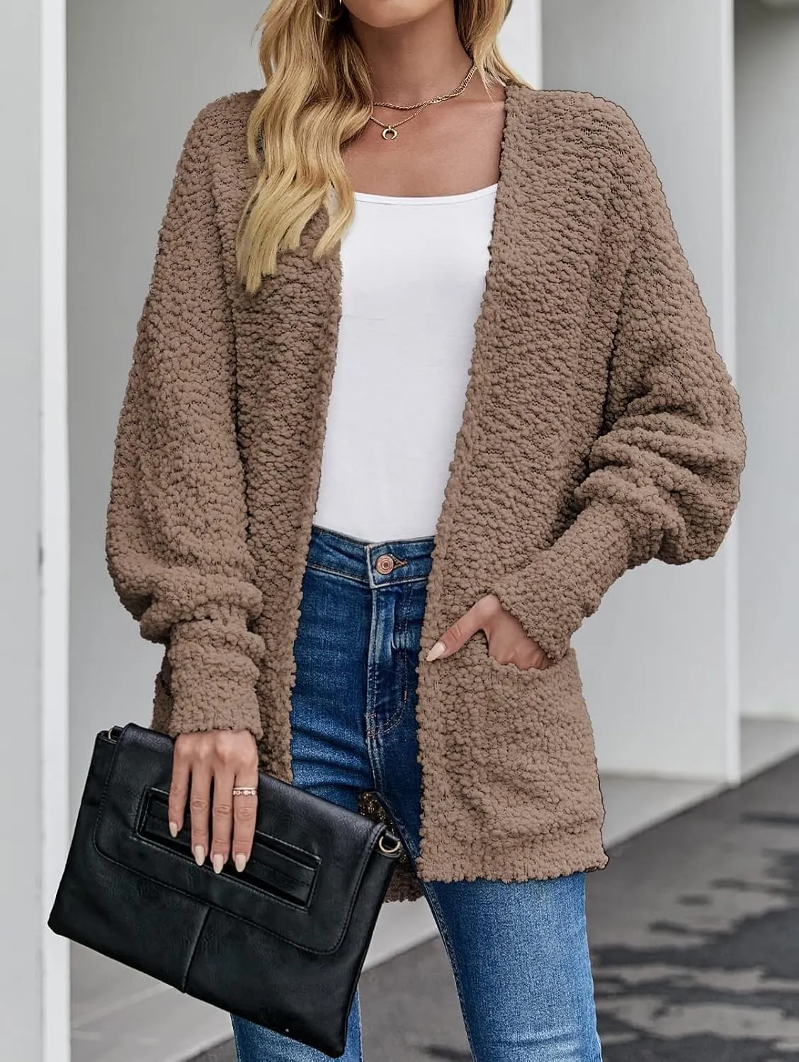ZESICA Women's Fall Winter Popcorn Long Sleeve Open Front Chunky Knit Oversized Cardigan Sweater Coat