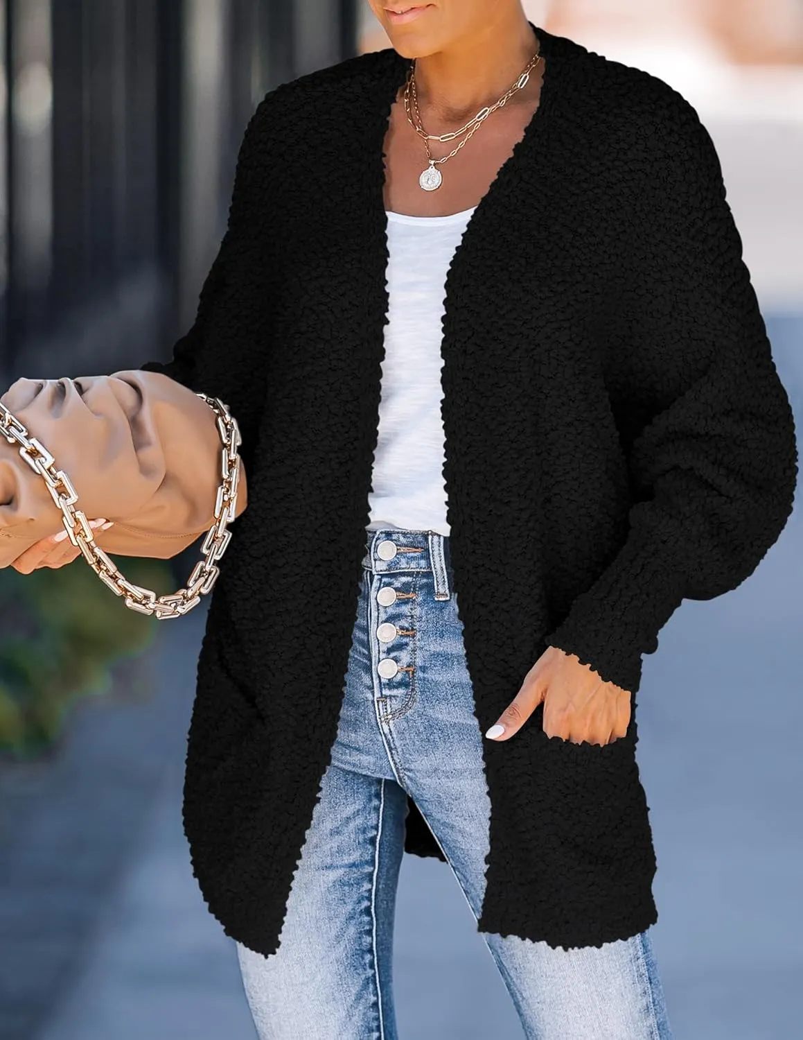 ZESICA Women's Fall Winter Popcorn Long Sleeve Open Front Chunky Knit Oversized Cardigan Sweater Coat