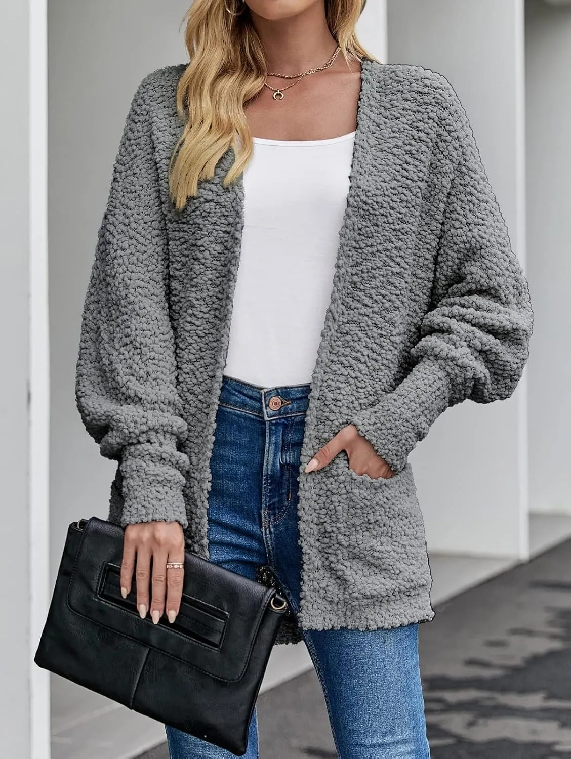 ZESICA Women's Fall Winter Popcorn Long Sleeve Open Front Chunky Knit Oversized Cardigan Sweater Coat