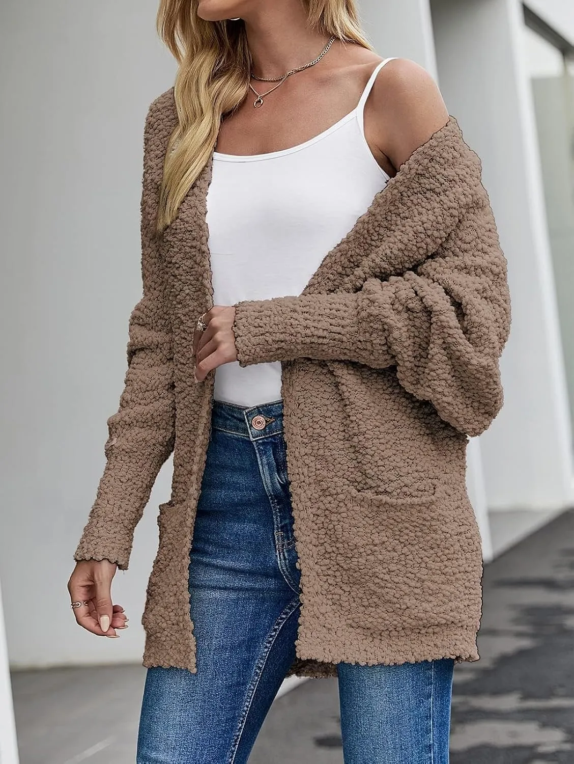 ZESICA Women's Fall Winter Popcorn Long Sleeve Open Front Chunky Knit Oversized Cardigan Sweater Coat