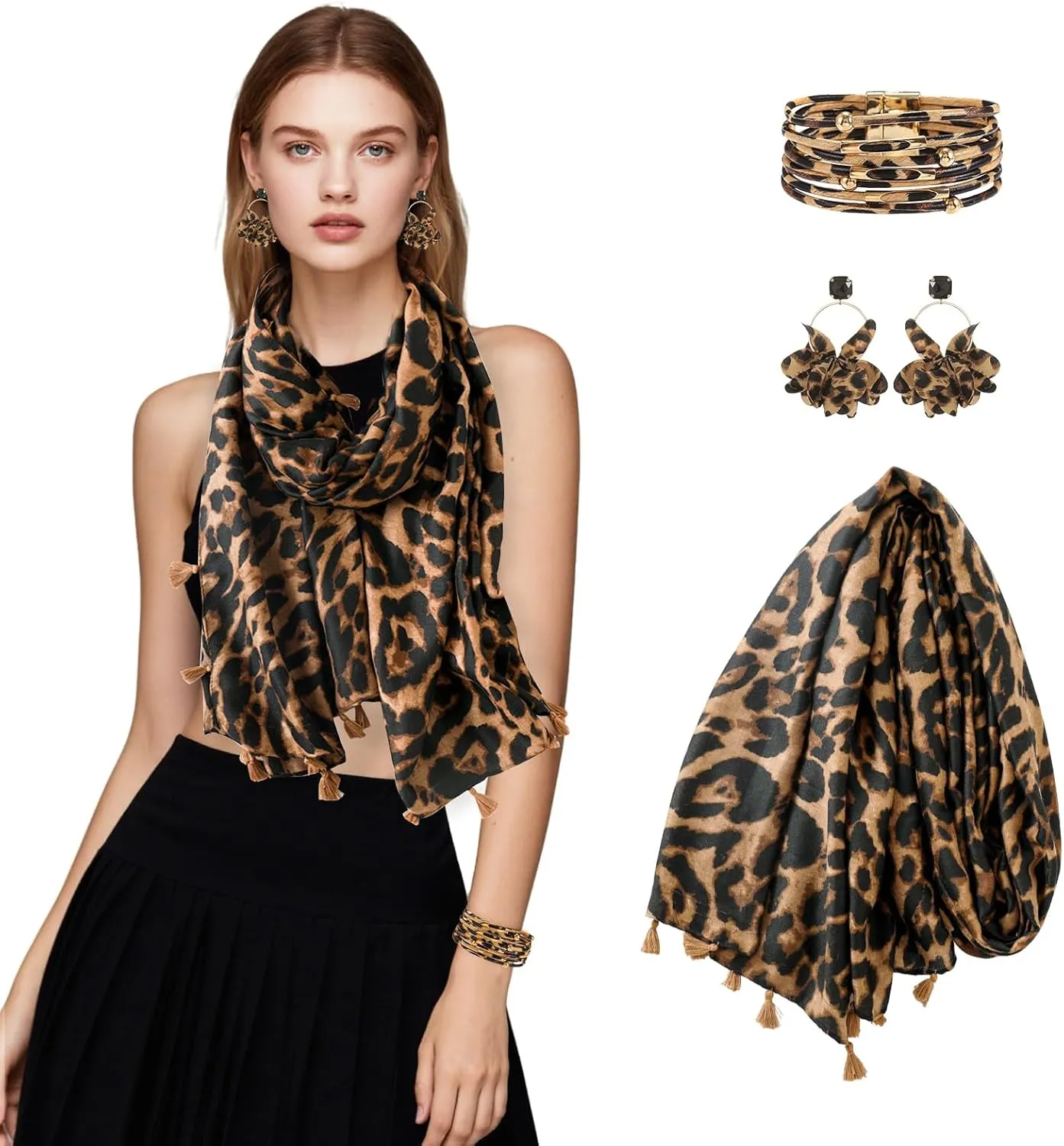 zhxinashu Boho Scarf for Women Soft Elegant Shawl Wraps Scarves with Bracelet Earrings