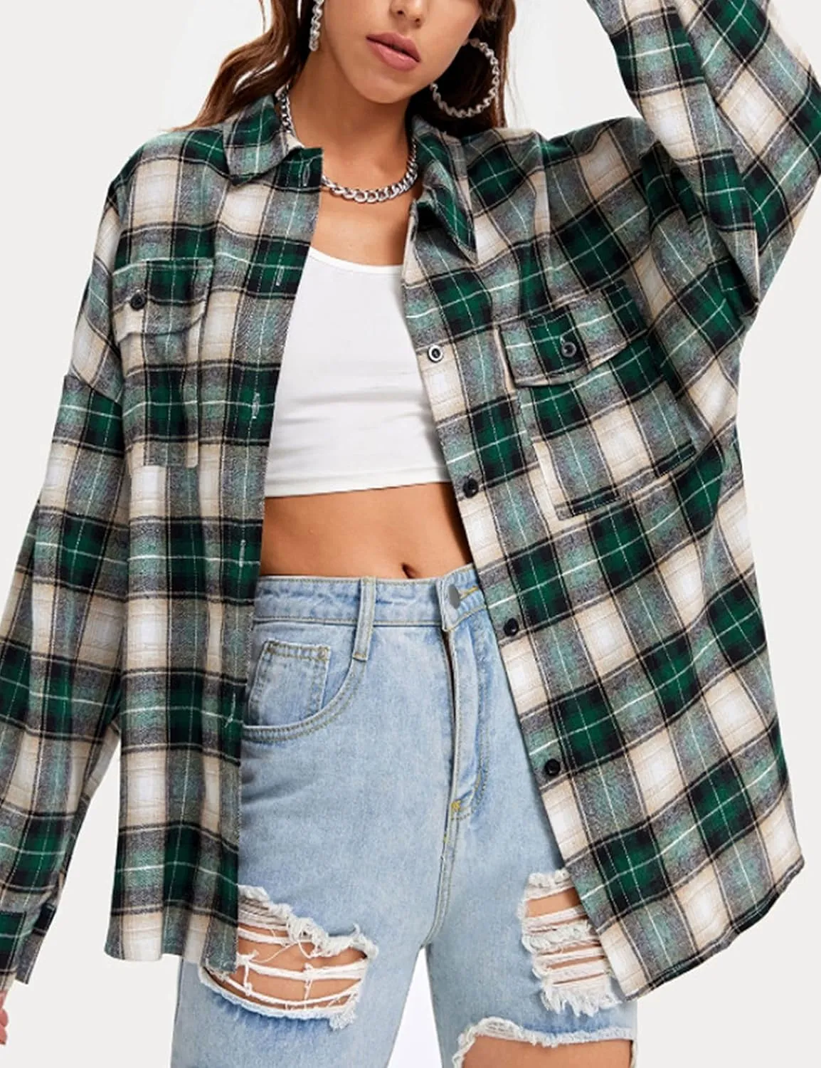 Zontroldy Plaid Flannel Shirts for Women Oversized Long Sleeve Button Down Buffalo Plaid Shirt Blouse Tops
